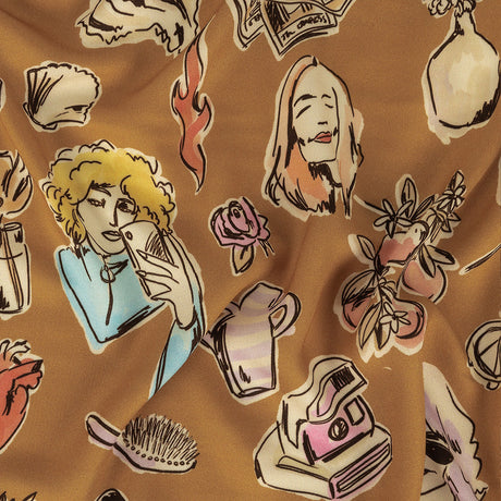Rayon Challis - Golden Faces and Objects - Everyday Goddess Print - Mood Exclusive Wisteria Collection