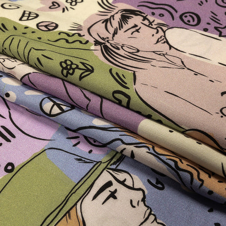 Rayon Challis - Purple and Green Figures and Doodles - Serene Souls Print - Mood Exclusive Wisteria Collection