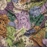 Rayon Challis - Purple and Green Figures and Doodles - Serene Souls Print - Mood Exclusive Wisteria Collection