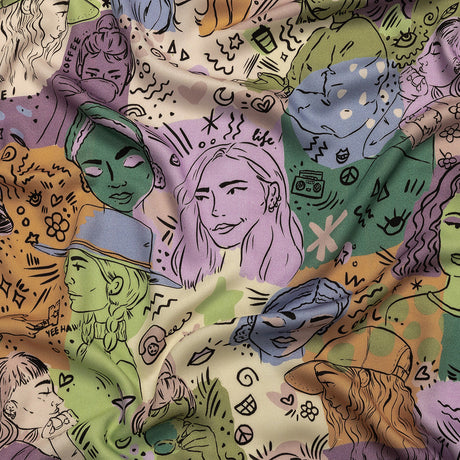Rayon Challis - Purple and Green Figures and Doodles - Serene Souls Print - Mood Exclusive Wisteria Collection