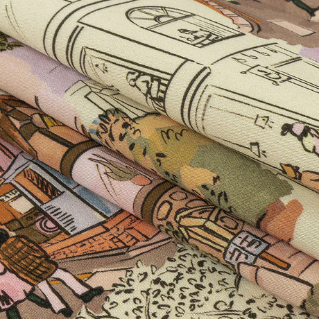 Stretch Cotton Sateen - Multicolor Streetscapes and Trees - Growing Roots Print - Mood Exclusive Wisteria Collection