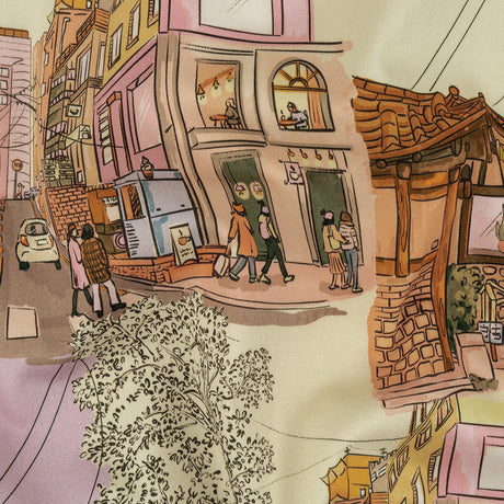Stretch Cotton Sateen - Multicolor Streetscapes and Trees - Growing Roots Print - Mood Exclusive Wisteria Collection