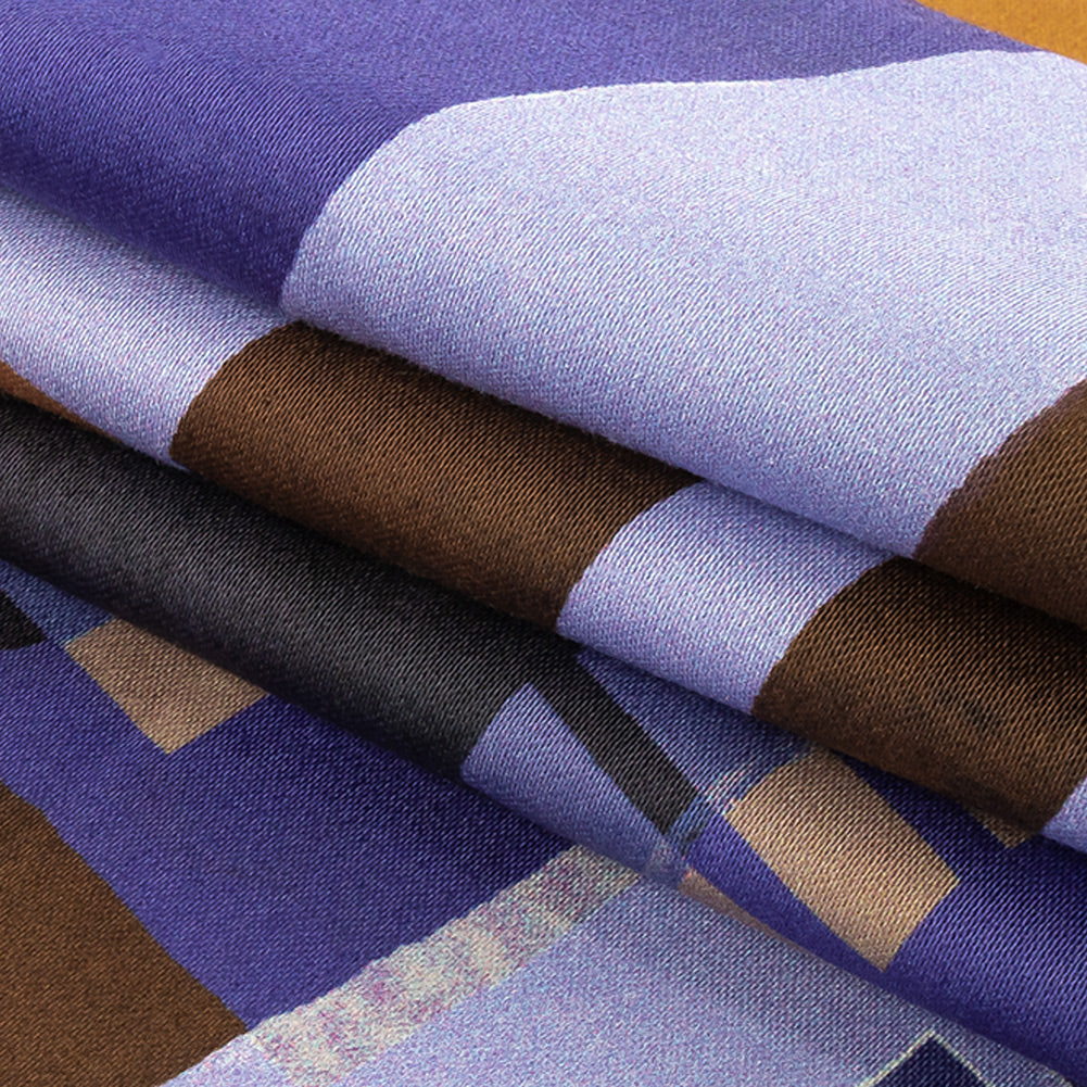 Stretch Cotton Sateen Panel - Purple and Brown Painterly Geometric - Around the Block Print - Mood Exclusive Wisteria Collection
