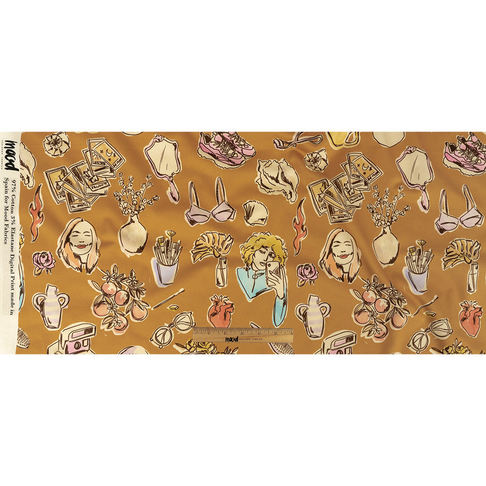 Stretch Cotton Sateen - Golden Faces and Objects - Everyday Goddess Print - Mood Exclusive Wisteria Collection
