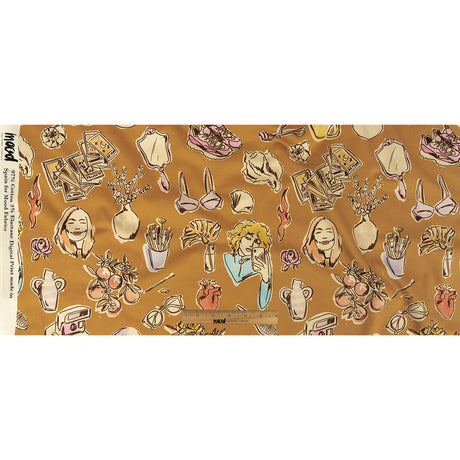Stretch Cotton Sateen - Golden Faces and Objects - Everyday Goddess Print - Mood Exclusive Wisteria Collection