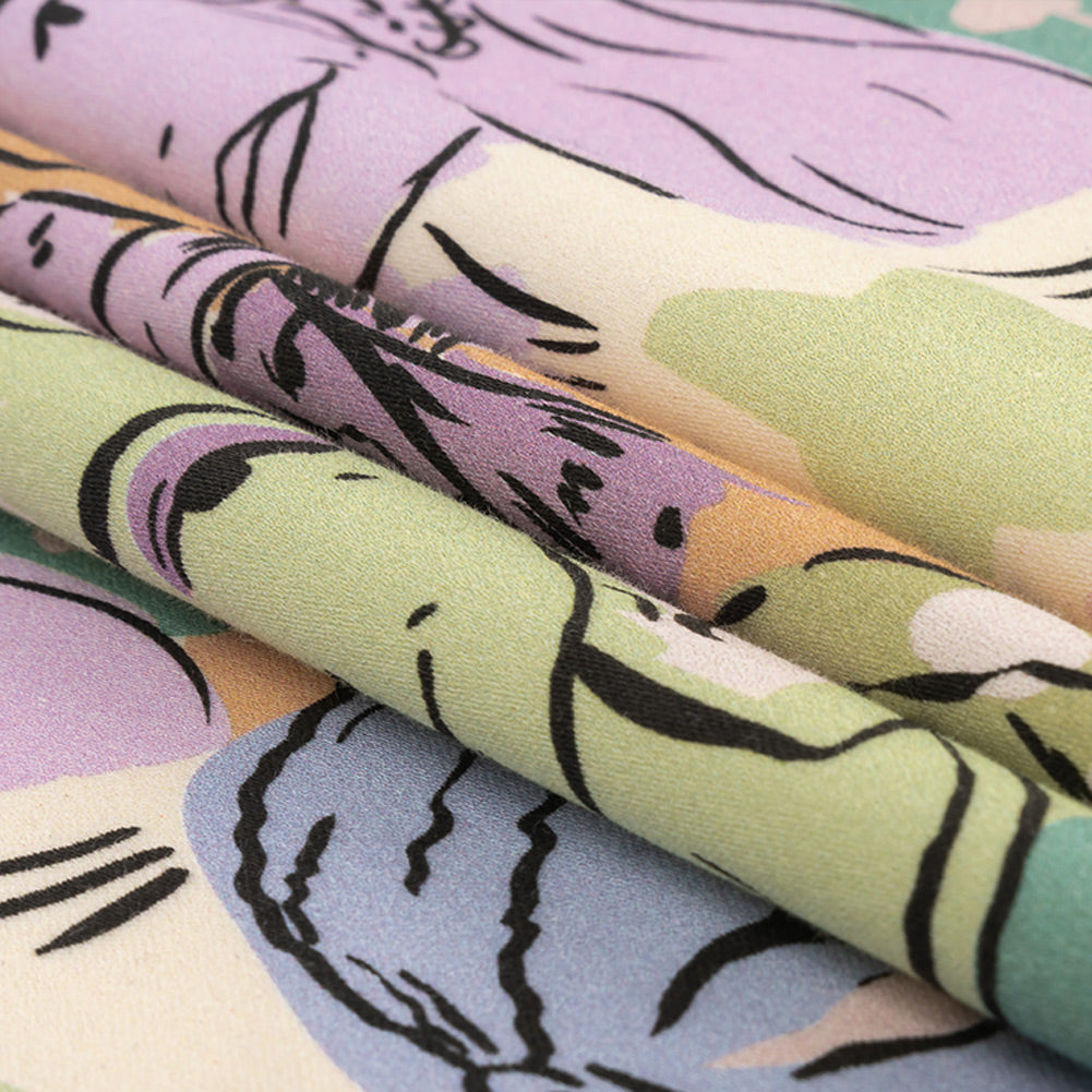 Stretch Cotton Sateen - Purple and Green Figures and Doodles - Serene Souls Print - Mood Exclusive Wisteria Collection