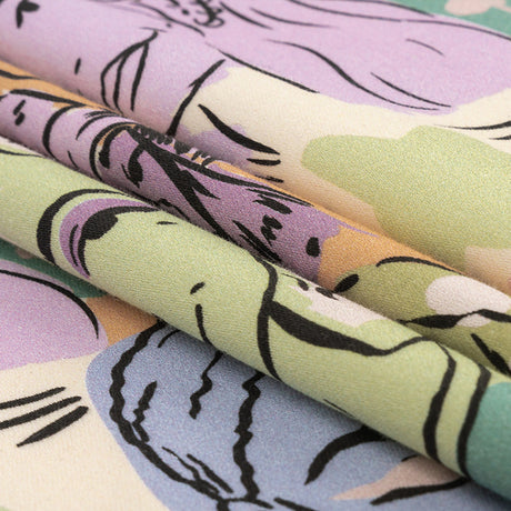Stretch Cotton Sateen - Purple and Green Figures and Doodles - Serene Souls Print - Mood Exclusive Wisteria Collection