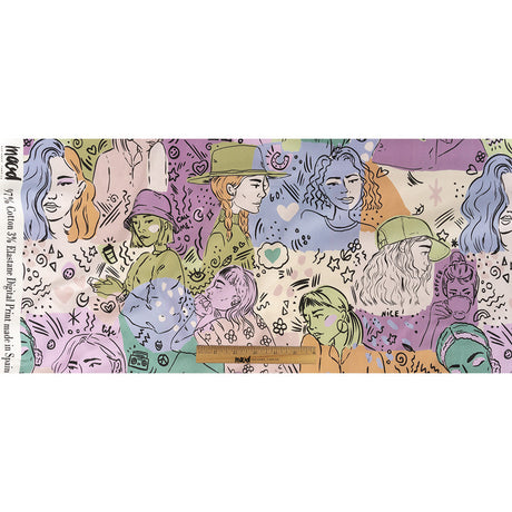 Stretch Cotton Sateen - Purple and Green Figures and Doodles - Serene Souls Print - Mood Exclusive Wisteria Collection