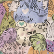 Stretch Cotton Sateen - Purple and Green Figures and Doodles - Serene Souls Print - Mood Exclusive Wisteria Collection
