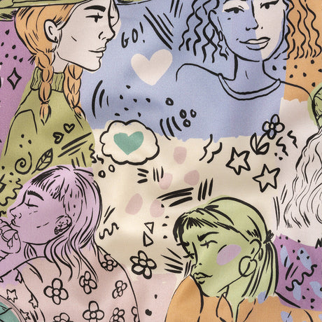 Stretch Cotton Sateen - Purple and Green Figures and Doodles - Serene Souls Print - Mood Exclusive Wisteria Collection