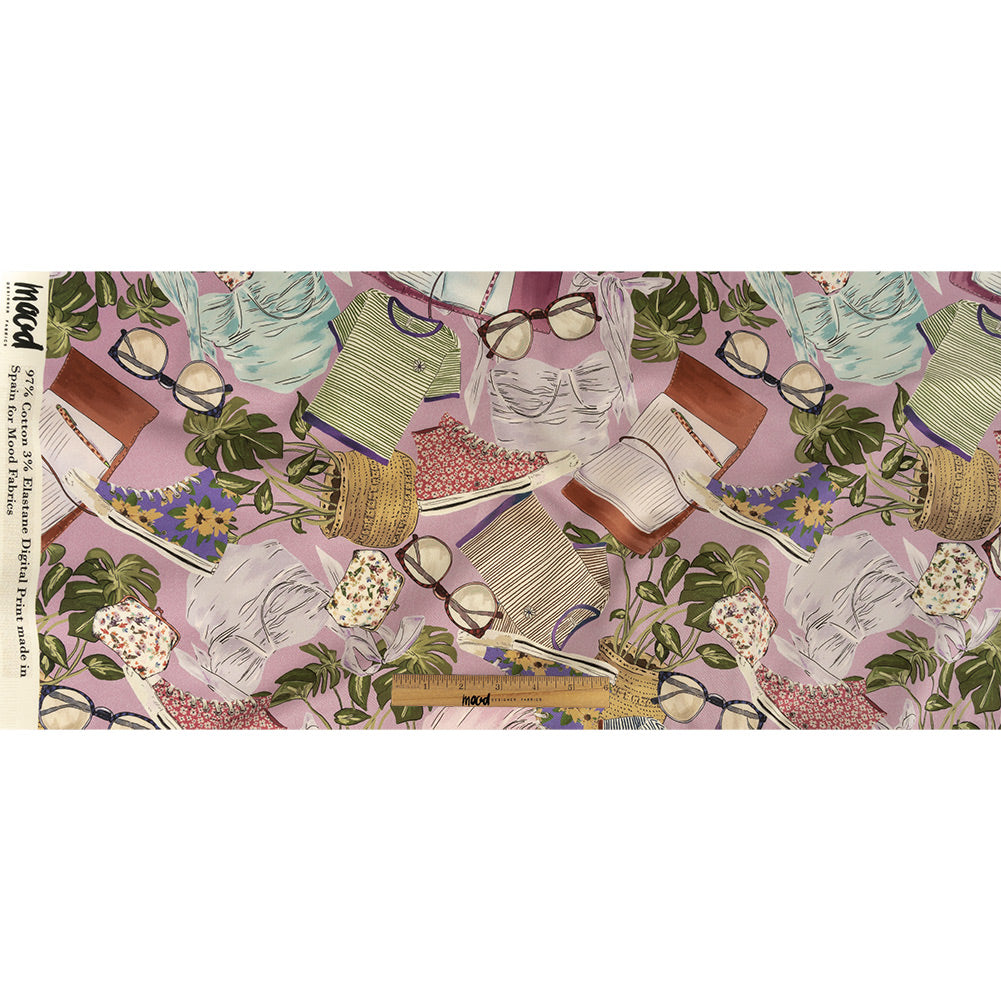 Stretch Cotton Sateen - Lavender Clothes and Plants - Morning Memory Print - Mood Exclusive Wisteria Collection