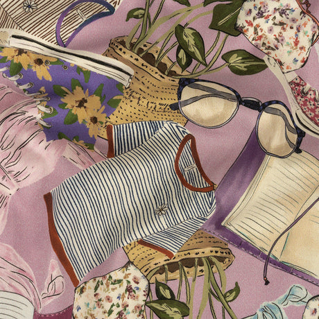 Stretch Cotton Sateen - Lavender Clothes and Plants - Morning Memory Print - Mood Exclusive Wisteria Collection