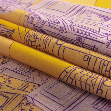Cotton Voile - Orange and Fair Orchid Streetscapes and Trees - Growing Roots Print - Mood Exclusive Wisteria Collection
