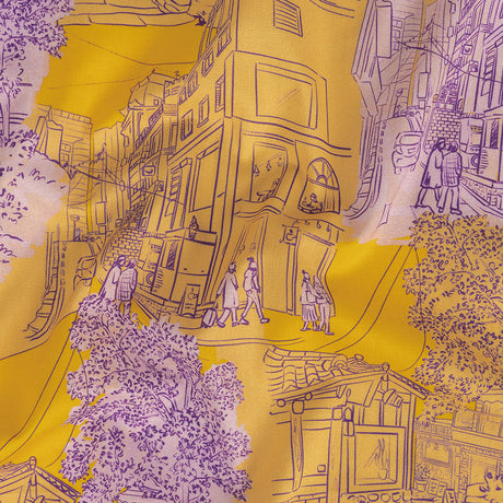 Cotton Voile - Orange and Fair Orchid Streetscapes and Trees - Growing Roots Print - Mood Exclusive Wisteria Collection