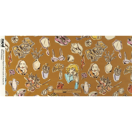 Cotton Voile - Golden Faces and Objects - Everyday Goddess Print - Mood Exclusive Wisteria Collection