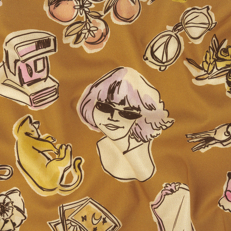 Cotton Voile - Golden Faces and Objects - Everyday Goddess Print - Mood Exclusive Wisteria Collection