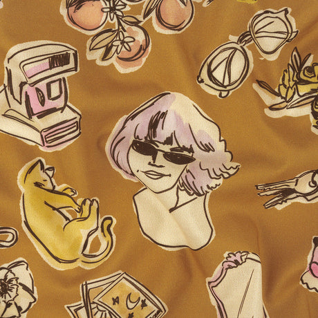 Cotton Voile - Golden Faces and Objects - Everyday Goddess Print - Mood Exclusive Wisteria Collection