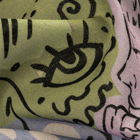 Cotton Voile - Purple and Green Figures and Doodles - Serene Souls Print - Mood Exclusive Wisteria Collection