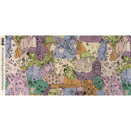 Cotton Voile - Purple and Green Figures and Doodles - Serene Souls Print - Mood Exclusive Wisteria Collection