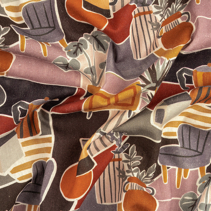 Linen and Rayon Woven - Purple and Orange Plants and Furniture - Peaceful Waking Print - Mood Exclusive Wisteria Collection