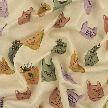 Linen and Rayon Woven - Purple, Yellow and Green Shopping Bags - Come Again Soon Print - Mood Exclusive Wisteria Collection