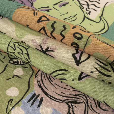 Linen and Rayon Woven - Purple and Green Figures and Doodles - Serene Souls Print - Mood Exclusive Wisteria Collection