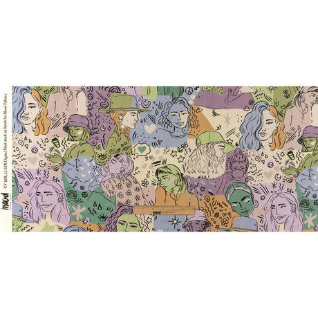 Linen and Rayon Woven - Purple and Green Figures and Doodles - Serene Souls Print - Mood Exclusive Wisteria Collection