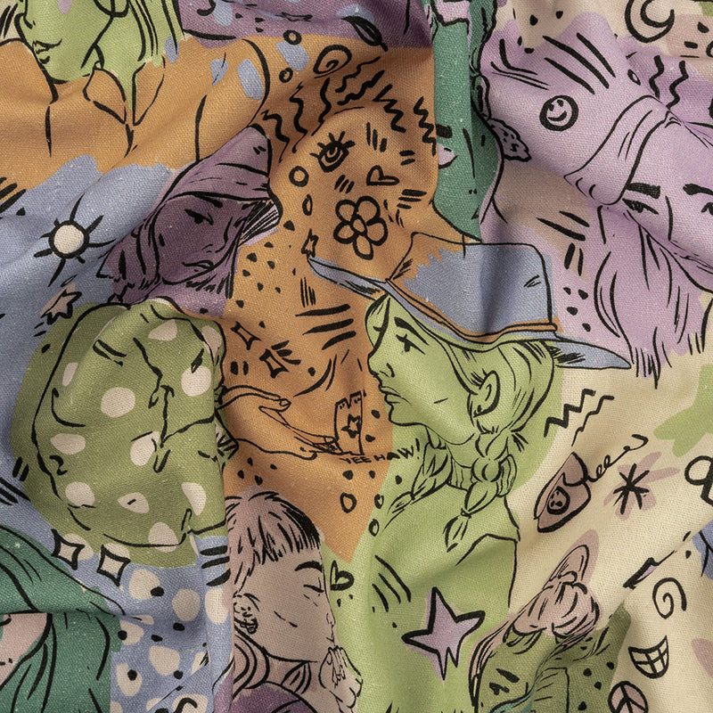 Linen and Rayon Woven - Purple and Green Figures and Doodles - Serene Souls Print - Mood Exclusive Wisteria Collection