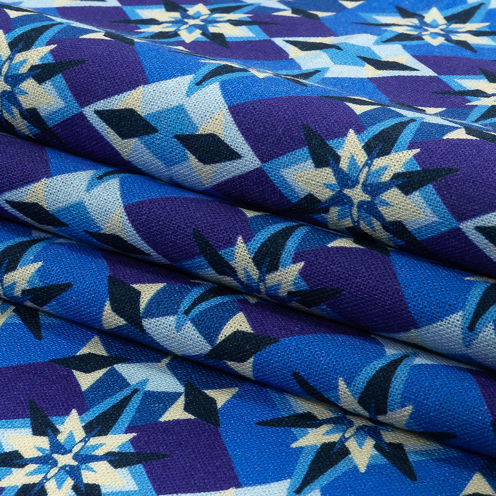 Linen and Rayon Woven - Blue and Purple Geometric - Crystalline Culture Print - Mood Exclusive Indigo Collection