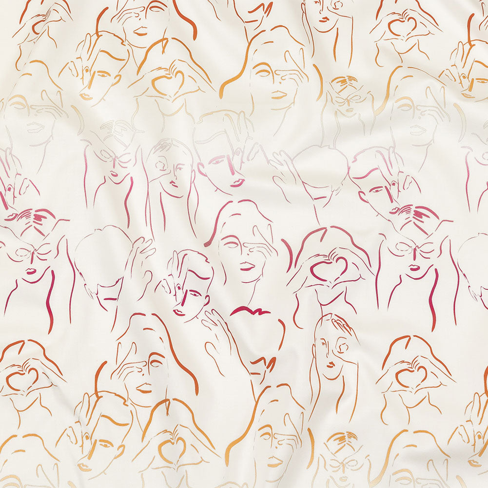 Stretch Cotton Sateen - Pink, White and Orange Faces and Hands - Language of Love Print - Mood Exclusive Pride Collection
