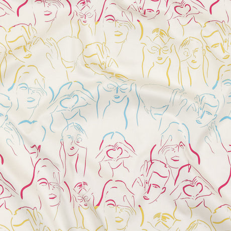 Stretch Cotton Sateen - Blue, Yellow and Pink Faces and Hands - Language of Love Print - Mood Exclusive Pride Collection