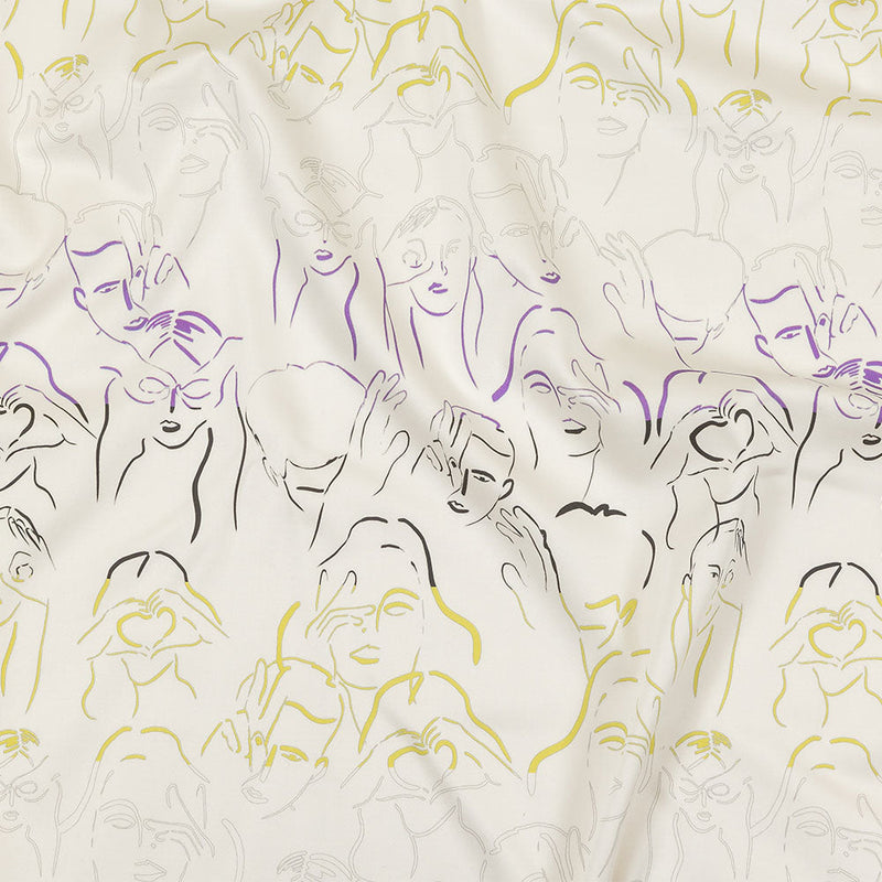 Stretch Cotton Sateen - Purple, Yellow and Black Faces and Hands - Language of Love Print - Mood Exclusive Pride Collection