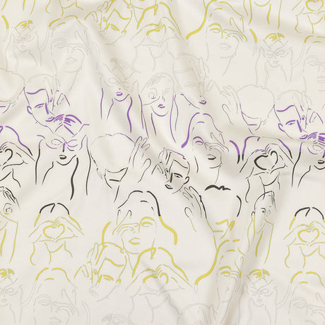 Stretch Cotton Sateen - Purple, Yellow and Black Faces and Hands - Language of Love Print - Mood Exclusive Pride Collection