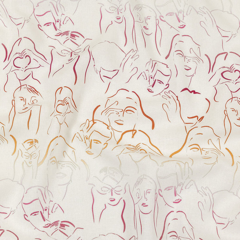 Linen and Rayon Woven - Pink, White and Orange Faces and Hands - Language of Love Print - Mood Exclusive Pride Collection