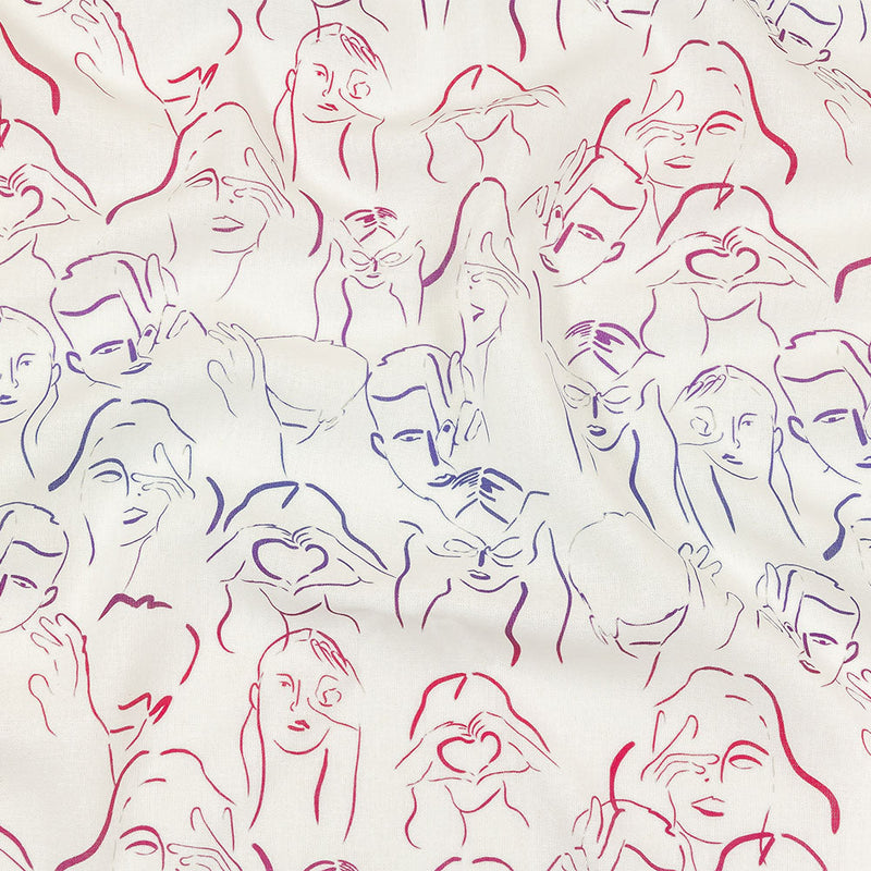 Linen and Rayon Woven - Purple, Pink and Blue Faces and Hands - Language of Love Print - Mood Exclusive Pride Collection