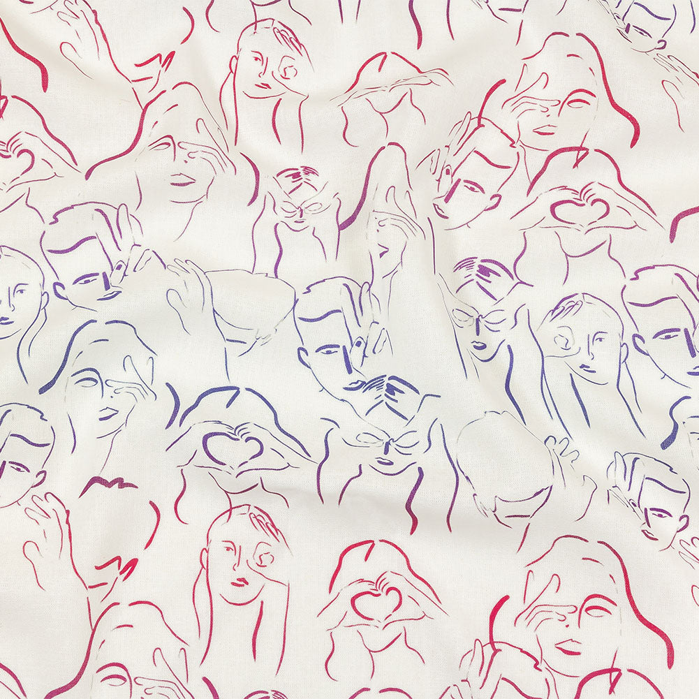 Linen and Rayon Woven - Purple, Pink and Blue Faces and Hands - Language of Love Print - Mood Exclusive Pride Collection