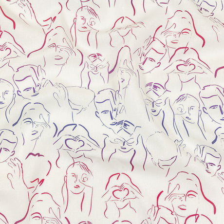 Linen and Rayon Woven - Purple, Pink and Blue Faces and Hands - Language of Love Print - Mood Exclusive Pride Collection