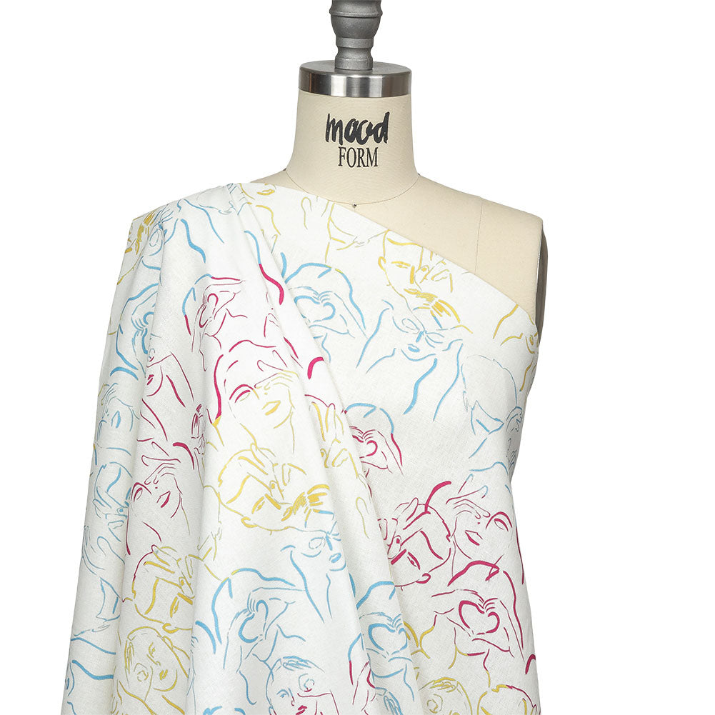 Linen and Rayon Woven - Blue, Yellow and Pink Faces and Hands - Language of Love Print - Mood Exclusive Pride Collection