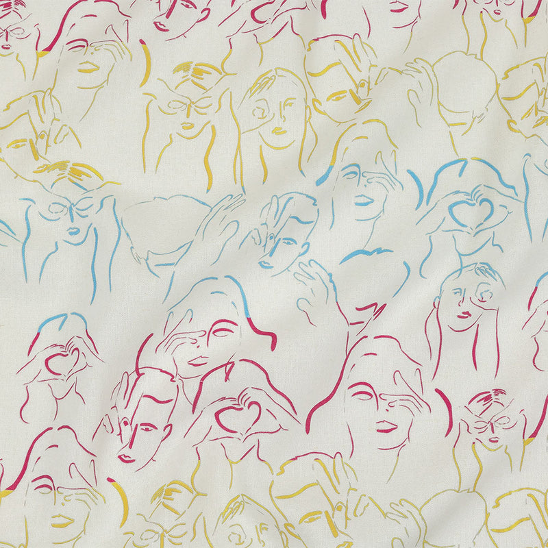 Linen and Rayon Woven - Blue, Yellow and Pink Faces and Hands - Language of Love Print - Mood Exclusive Pride Collection