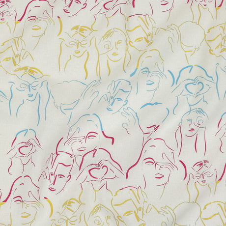 Linen and Rayon Woven - Blue, Yellow and Pink Faces and Hands - Language of Love Print - Mood Exclusive Pride Collection