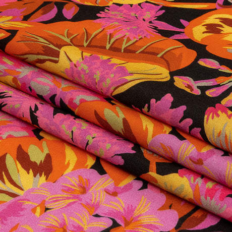 Rayon Challis - Black, Pink and Yellow Floral - Tangerine Dreams Print - Mood Exclusive Citrus Collection