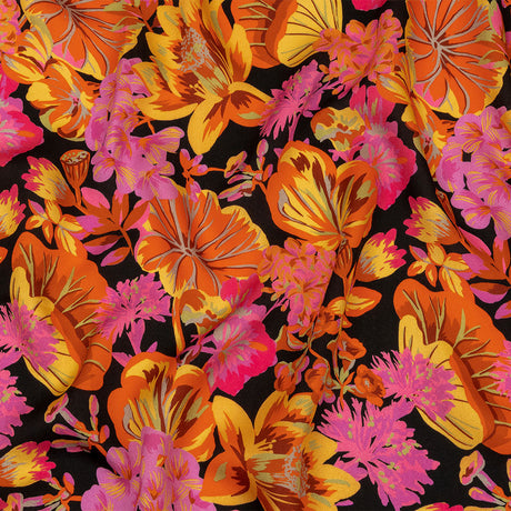 Rayon Challis - Black, Pink and Yellow Floral - Tangerine Dreams Print - Mood Exclusive Citrus Collection