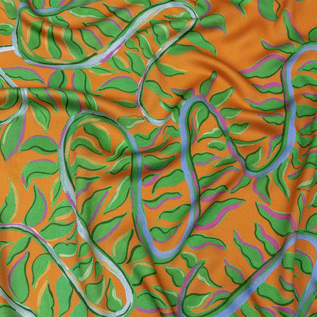 Rayon Challis - Orange and Green Foliage - Looking Vine Print - Mood Exclusive Citrus Collection