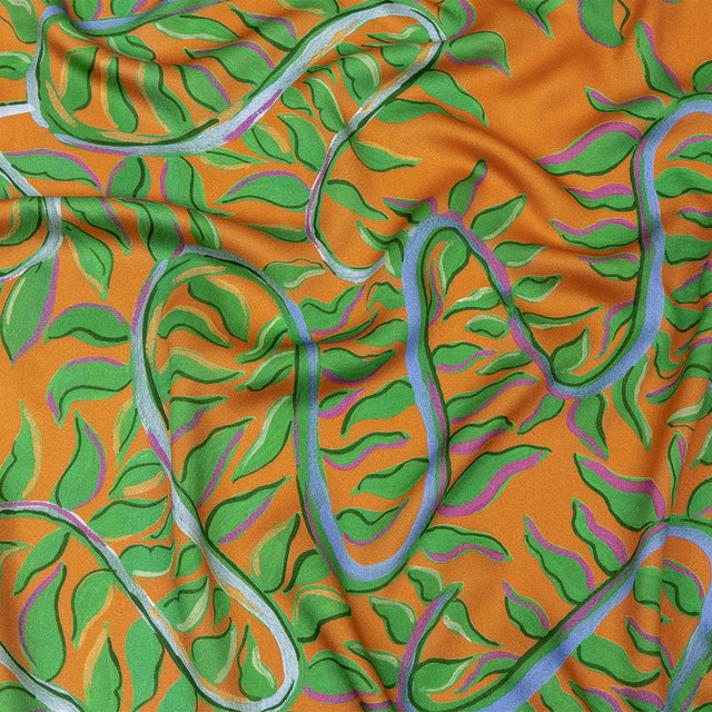 Rayon Challis - Orange and Green Foliage - Looking Vine Print - Mood Exclusive Citrus Collection