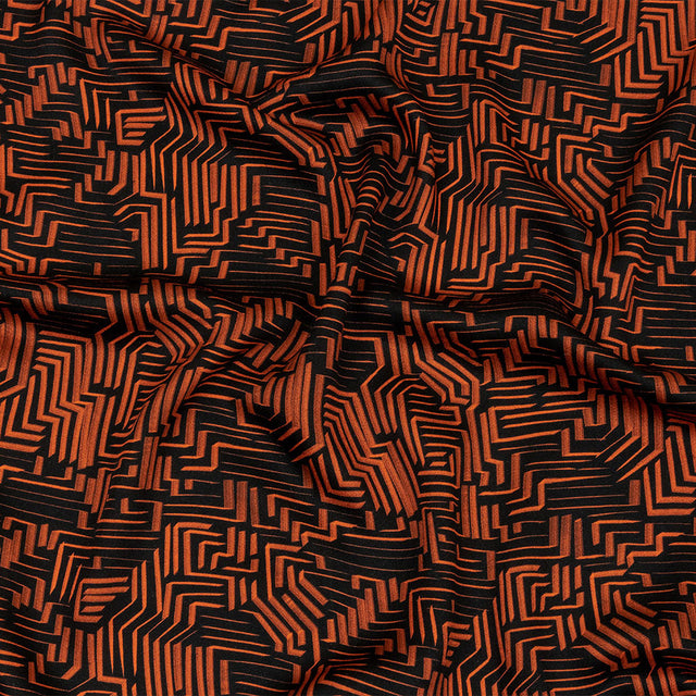 Rayon Challis - Black and Orange Geometric Lines - Ci-Trust the Process Print - Mood Exclusive Citrus Collection