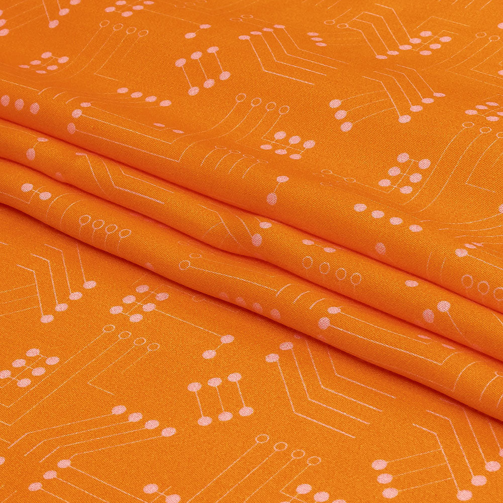 Rayon Challis - Orange Circuit Board Dots - Circuit Breaker Print - Mood Exclusive Citrus Collection