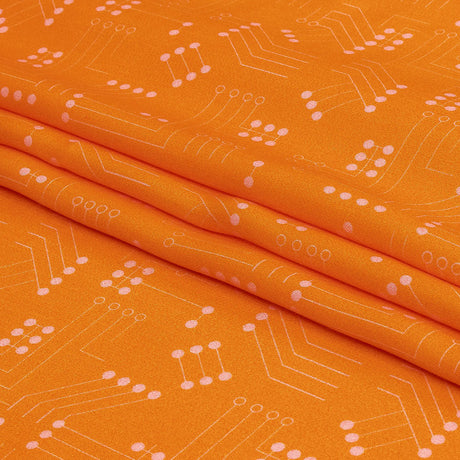 Rayon Challis - Orange Circuit Board Dots - Circuit Breaker Print - Mood Exclusive Citrus Collection