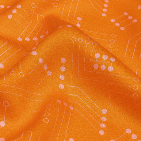 Rayon Challis - Orange Circuit Board Dots - Circuit Breaker Print - Mood Exclusive Citrus Collection