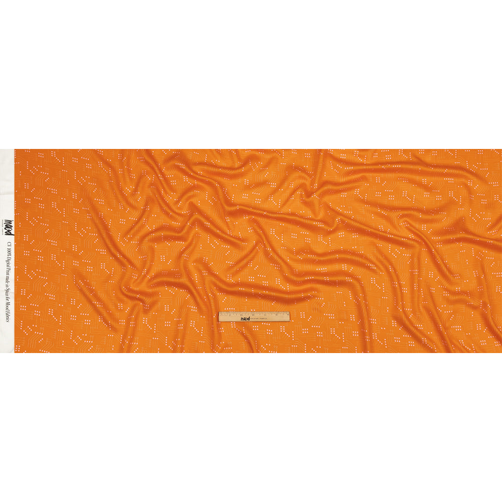 Rayon Challis - Orange Circuit Board Dots - Circuit Breaker Print - Mood Exclusive Citrus Collection
