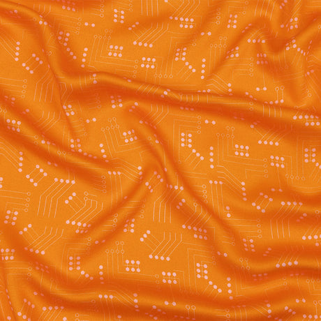Rayon Challis - Orange Circuit Board Dots - Circuit Breaker Print - Mood Exclusive Citrus Collection